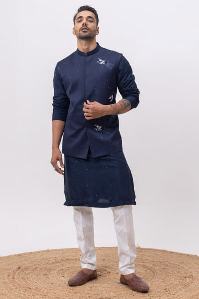 Navy blue firefly embroidered Nehru jacket set