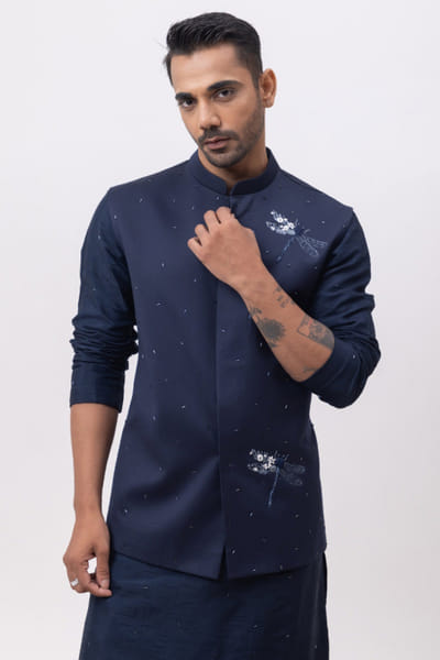 Navy blue firefly embroidered Nehru jacket