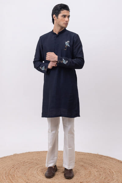 Sky blue flamingo embroidered kurta set