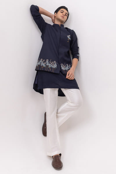 Navy blue flamingo embroidered Nehru jacket set