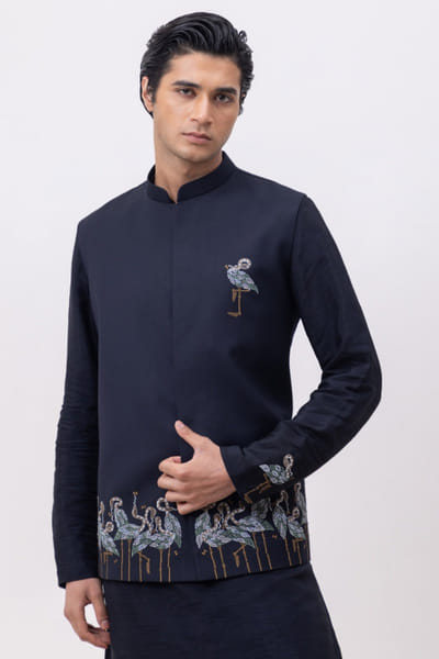 Navy blue flamingo embroidered Nehru jacket