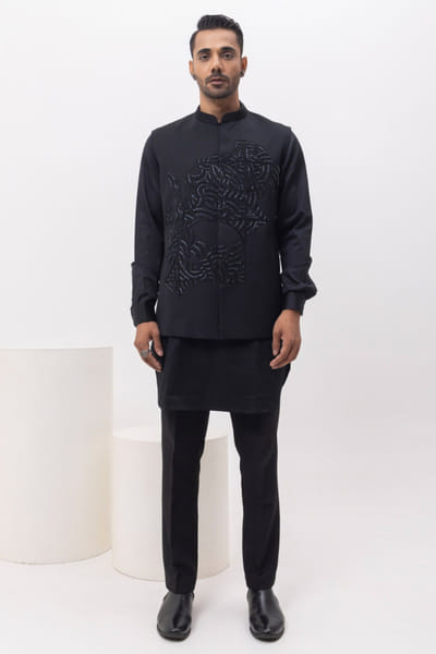 Black geometric embroidered Nehru jacket set