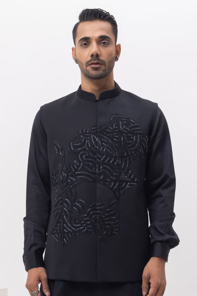Black geometric embroidered Nehru jacket