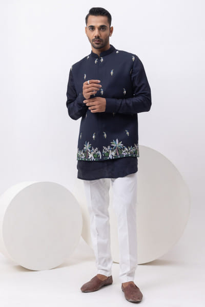 Navy blue embellished Nehru jacket set