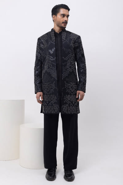 Black metallic embroidered open jacket set