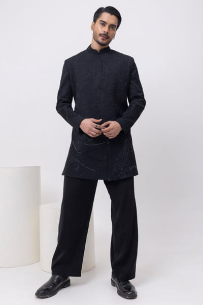 Black zardozi embroidered bandhgala set