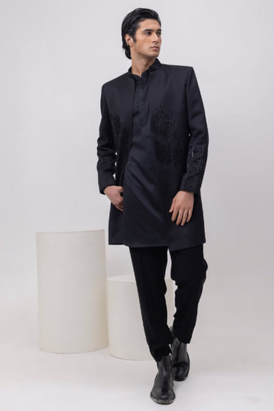 Black thread embroidered jacket kurta set