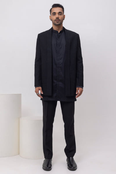 Black tonal embroidered short jacket set