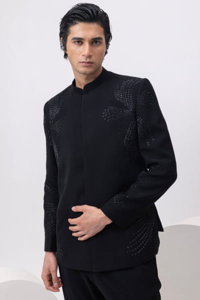 Black embellished bandhgala set