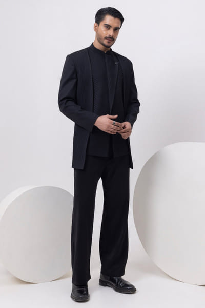 Black pleated bandhgala set