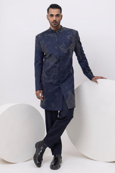 Royal blue embroidered achkan set