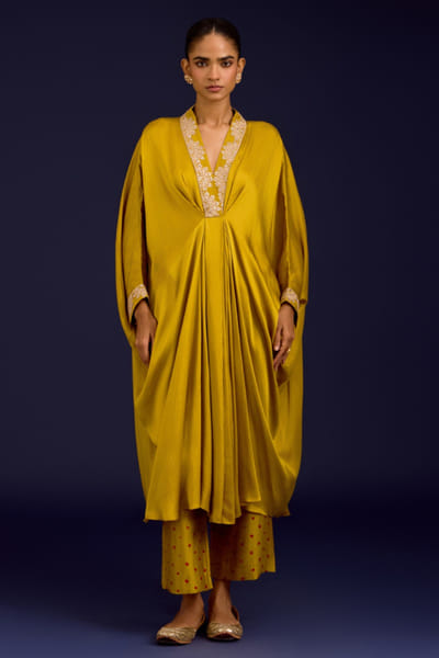 Mustard mirror and dori embroidered kaftan set