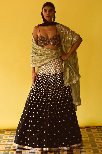 Black and mint sequin embellished lehenga set