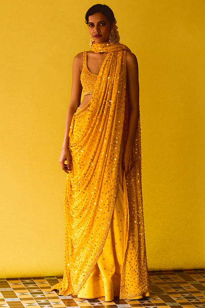 Marigold sequin bead lehenga sari set