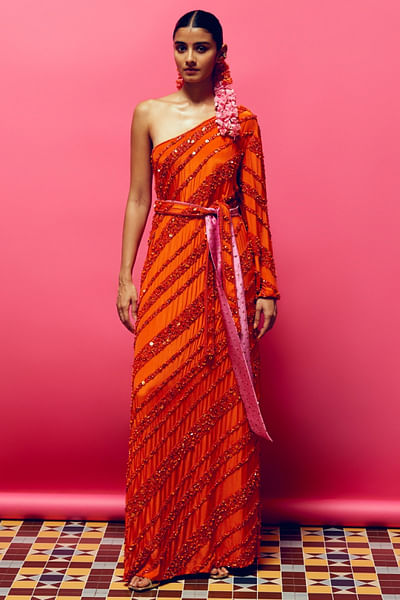 Burnt orange beaded one-shoulder dress set
