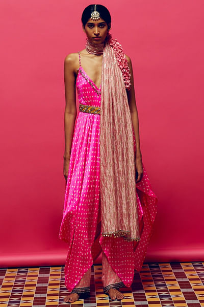 Neon pink bead bandhani handkerchief kurta set