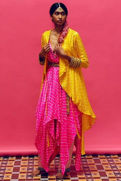 Neon marigold bandhani waterfall jacket set