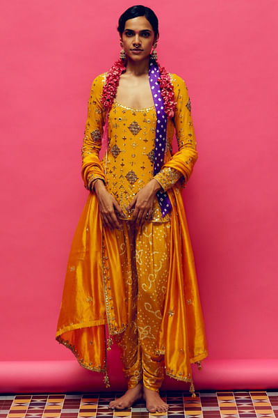 Mustard bead and bandhani kurta dhoti set