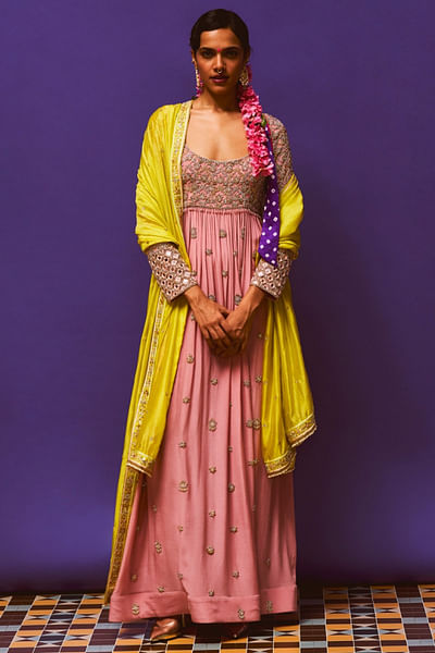 Rose and neon yellow bead mirror anarkali set