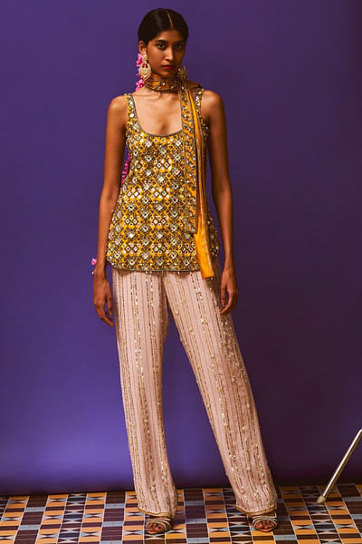 Mustard and lilac mirror embellished kurta set