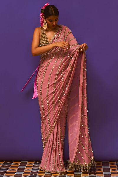 Rose sequin and bead pre-draped sari set