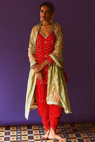 Red and mint bandhani kurta dhoti set