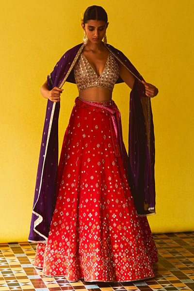 Orange and purple bead embellished lehenga set