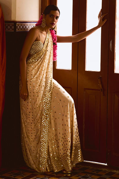 Off-white sequin embellished lehenga sari set