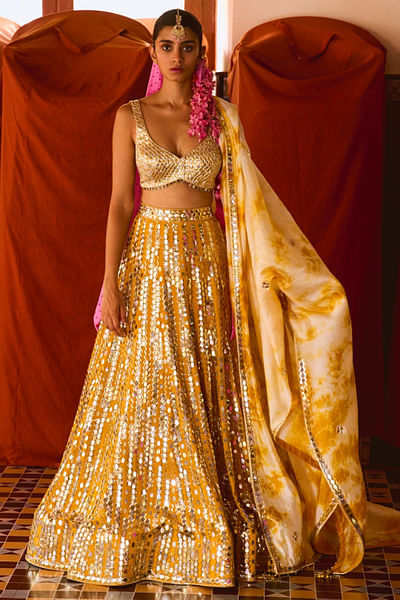 Mustard tie-dye sequin embellished lehenga set
