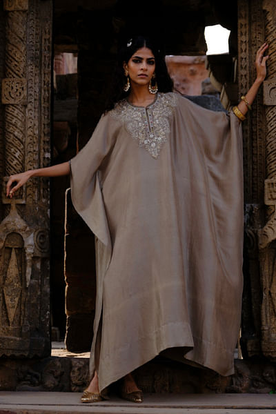 Golden beige zardozi embroidered kaftan