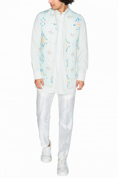 Grey printed cotton silk waistcoat set