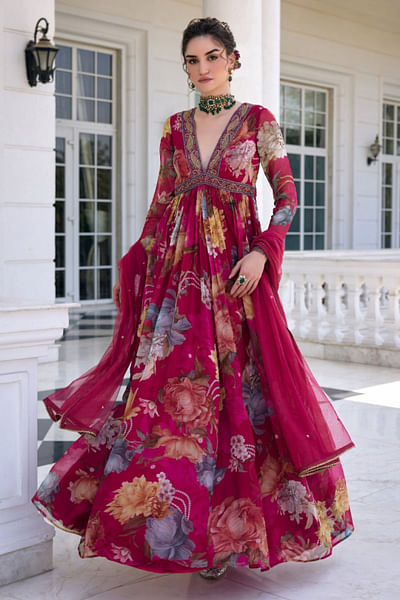 Fuchsia floral printed anarkali set