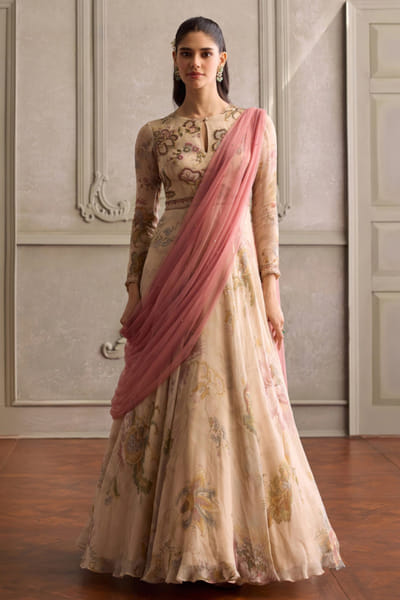 Kalista Ivory and pink floral printed anarkali set KALIJUL26D150681