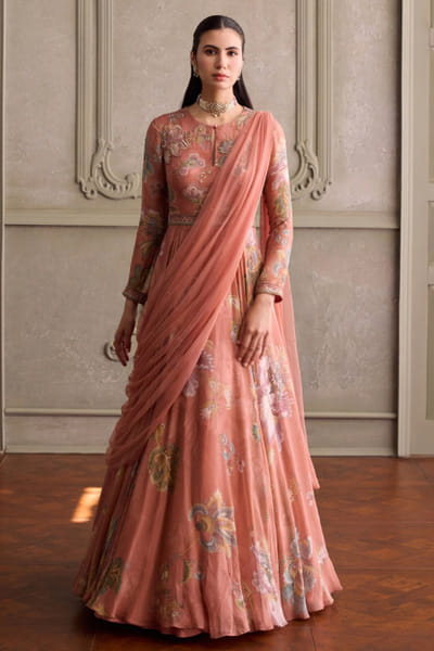 Kalista Dusty peach print embroidered anarkali set KALIJUL26D150682