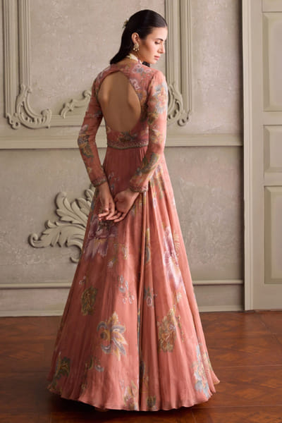 Kalista Dusty peach print embroidered anarkali set KALIJUL26D150682