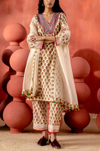 Beige printed kurta set