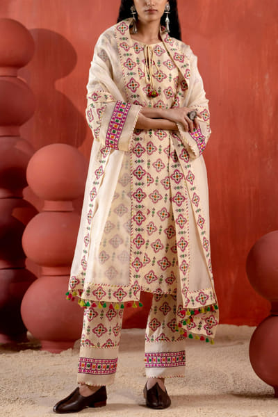 Beige ajrakh printed kurta set