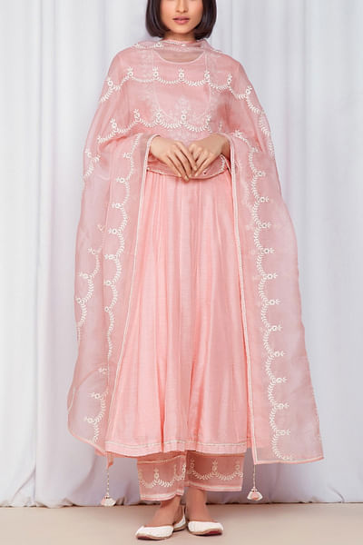 Peach cotton silk anarkali set