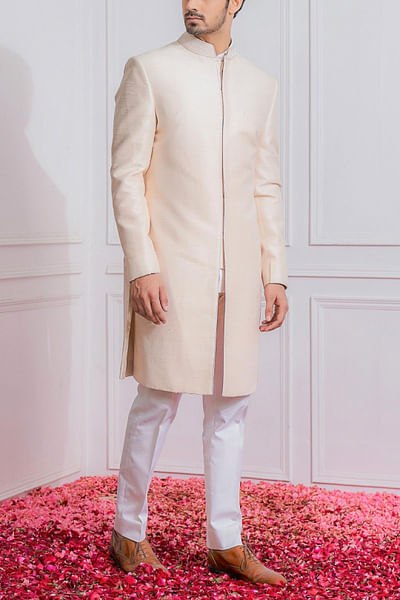Peach raw silk achkan set