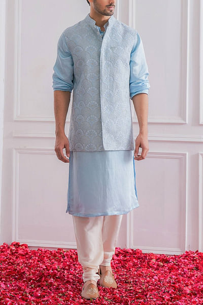 Blue embroidered Nehru jacket set