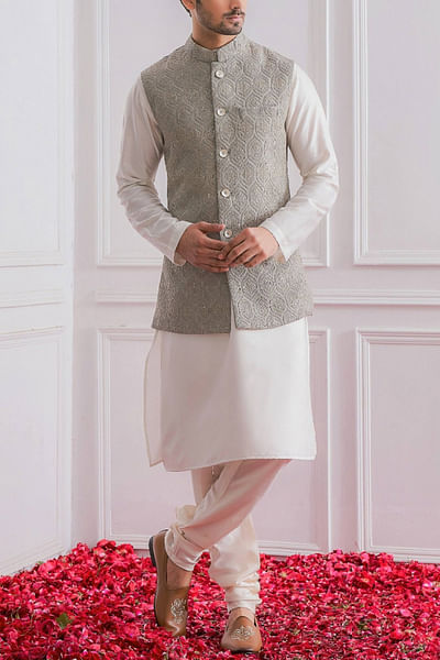 Grey embroidered Nehru jacket set
