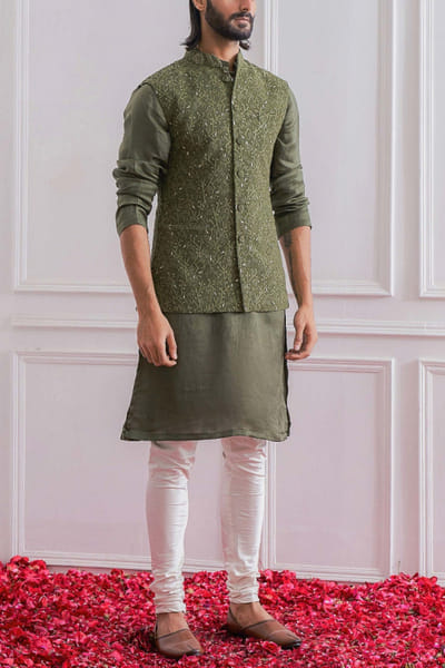 Military green Nehru jacket set