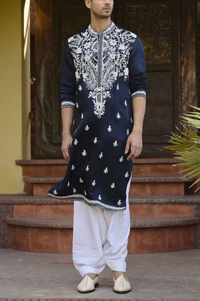 Navy blue floral dori embroidered kurta set