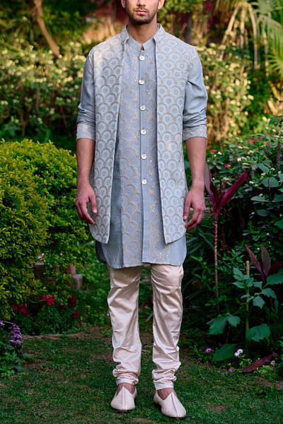 Ash grey scallop embroidered bandi kurta set