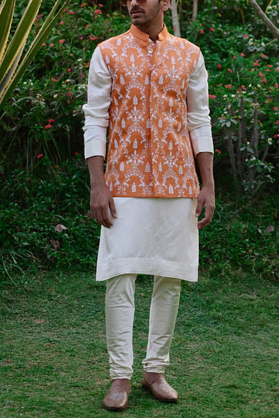 Sunset orange floral embroidery bandi kurta set