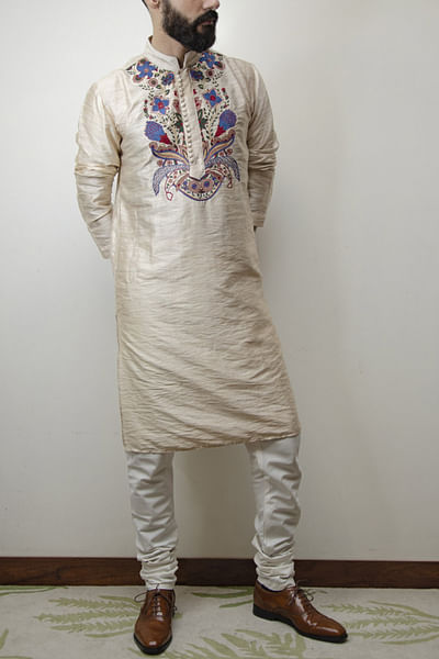 Beige cotton silk kurta