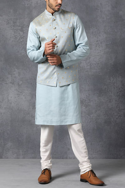 Steel blue brocade Nehru jacket
