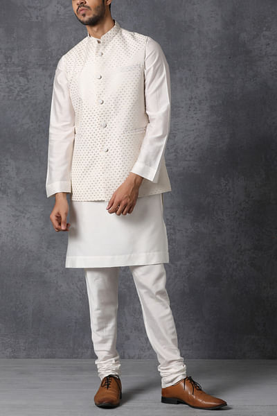 White chanderi silk Nehru jacket