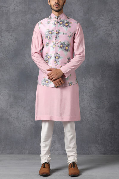 Blush pink floral Nehru jacket & kurta set