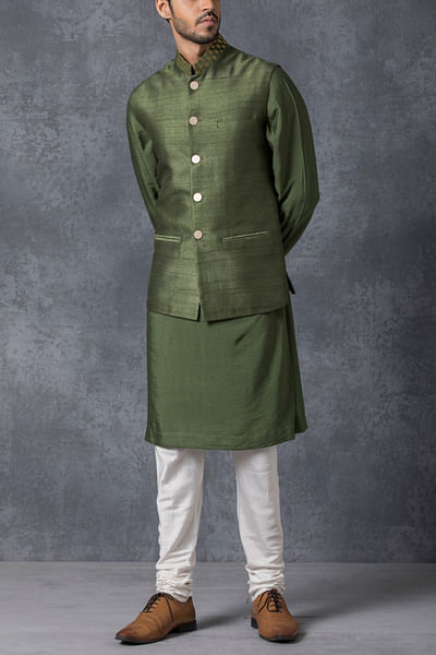 Olive green Nehru jacket & kurta set